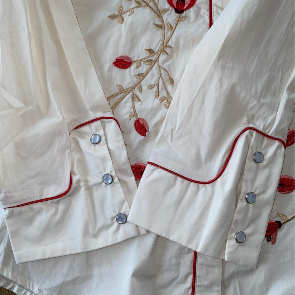 Lucky & Blessed 100% Cotton Snap Button Shirt with Red Floral Embroidery - Picture 3 of 11
